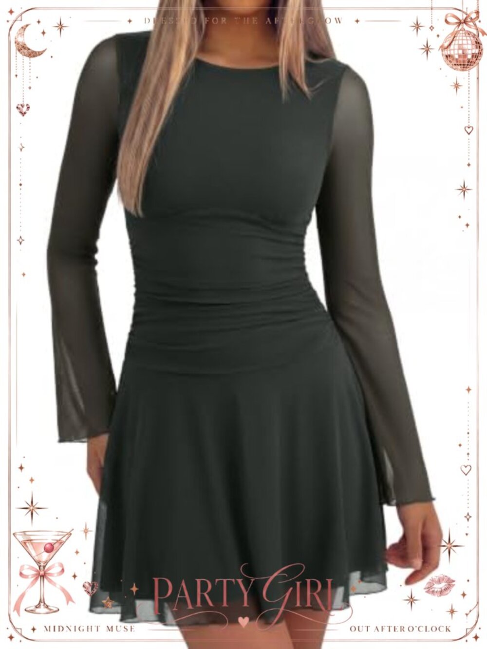 Y2K Boat Neck Sheer Mesh Ruched Long Sleeve Mini Dress